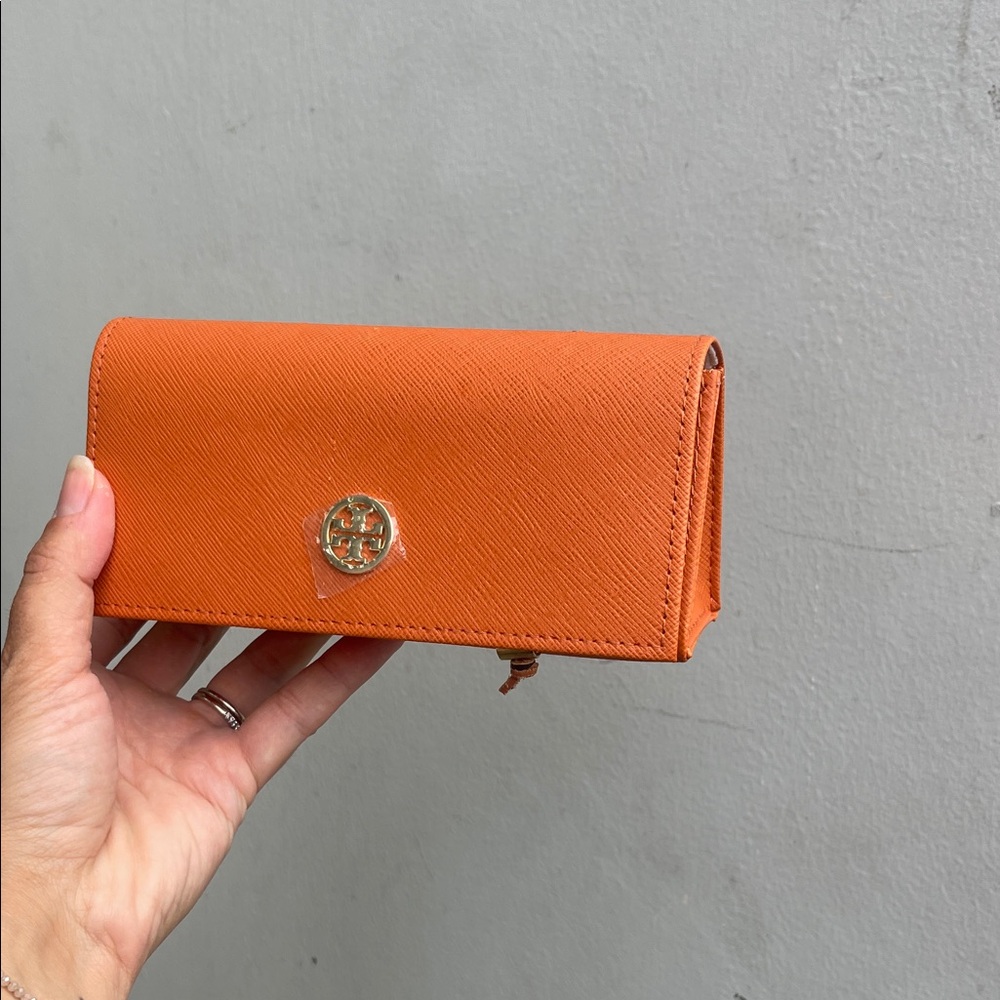 Stylish Orange Tory Burch sunglass case with Gold Detail